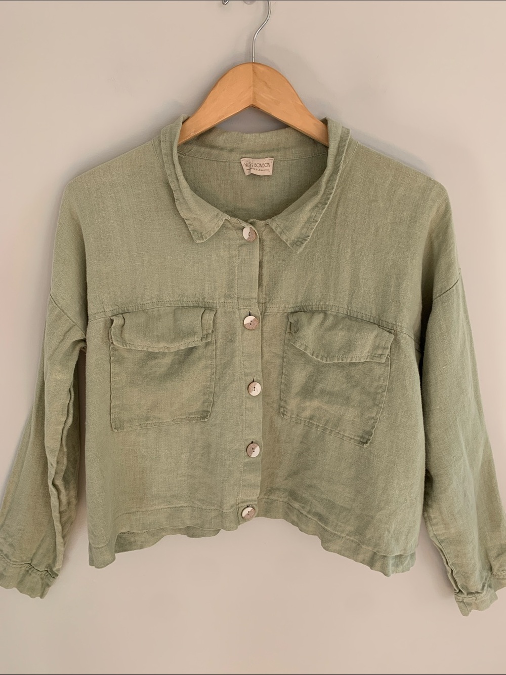 Mus & Bombon Barcelona 100% Linen Relaxed  Fit Button Up Shirt Jacket Sage Green